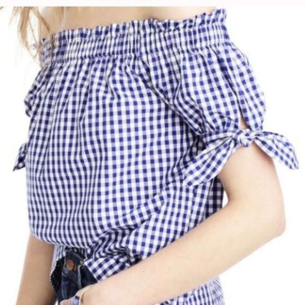 J. Crew Gingham tie-sleeve off-the-shoulder top - Women's Size 6 - NWT $68
